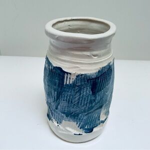 Handmade ceramic pottery blue and white vase signed by artist